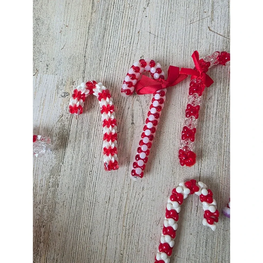Vintage beaded candy cane ornament red white Xmas tree